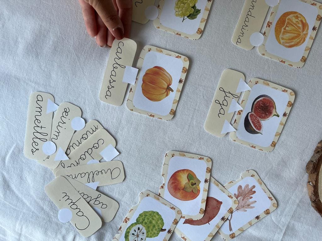 Joc d'emparellar el fruit de la tardor amb el seu nom - català- lletra lligada