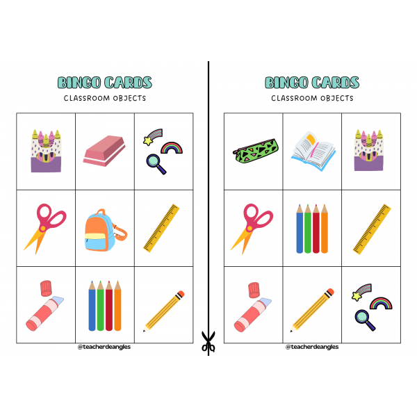 CLASSROOM OBJECTS BINGO CARDS