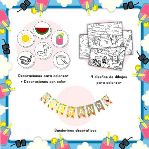 DECORACIÓN TEMÁTICA de VERANO, GUIRNALDA y PÁGINAS para COLOREAR