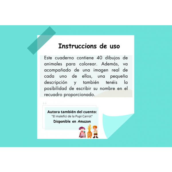 cuaderno para colorear 40 dibujos de animales de todo el mundo. Fichas didácticas. Recuadro para escribir el nombre de cada animal.