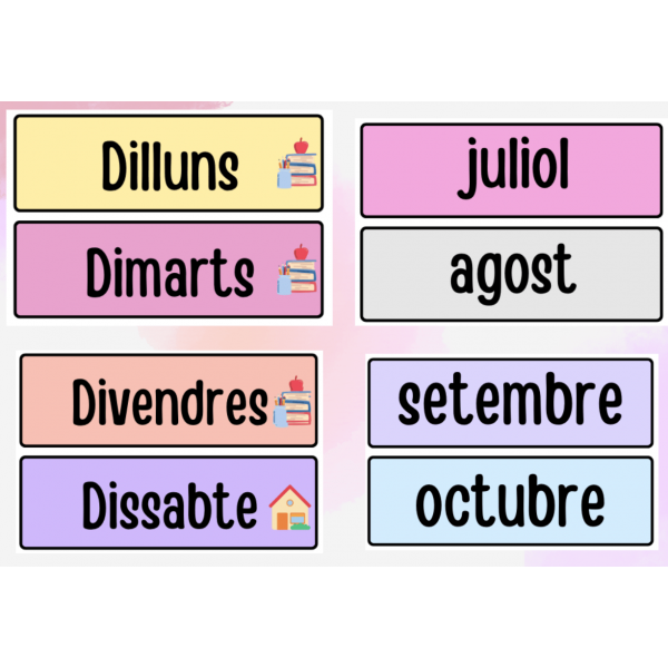 PACK DECORACIÓ AULA. TOT EN LLETRA MAJÚSCULA I MINÚSCULA. DIES, MESOS, NOMBRES, ESTACIONS, TEMPS, ..