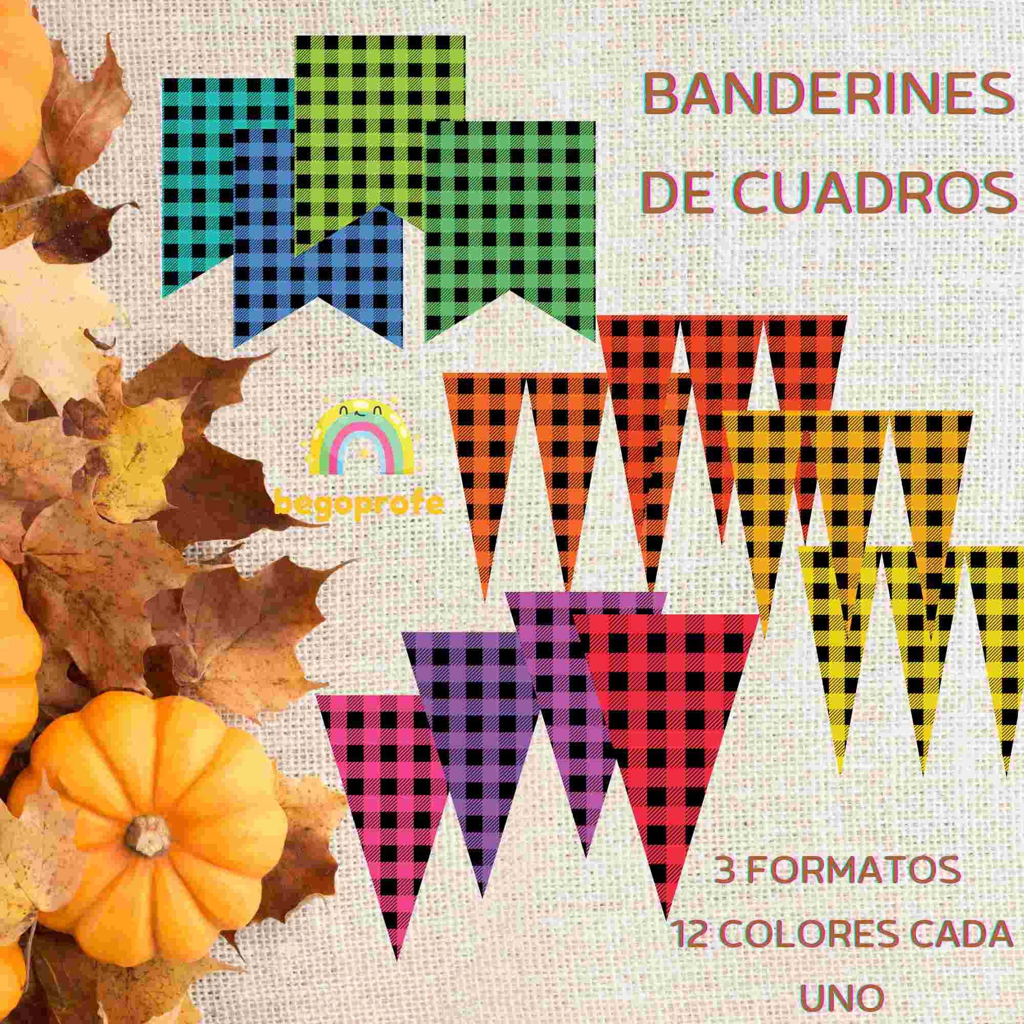 Banderines de cuadros, decoración de aula, banderines otoño invierno