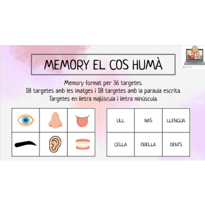 MEMORY LES PARTS DEL COS HUMÀ. 36 Targetes. Lletra majúscula i lletra minúscula.