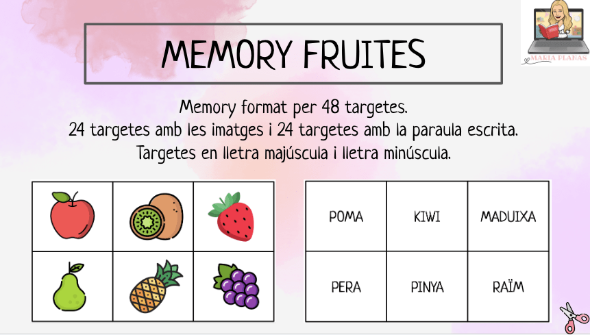 MEMORY FRUITES. 48 Targetes. Lletra majúscula i lletra minúscula.