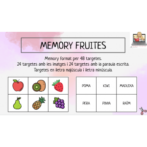 MEMORY FRUITES. 48 Targetes. Lletra majúscula i lletra minúscula.