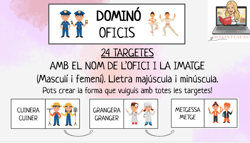 DOMINÓ OFICIS. COEDUCACIÓ. 24 Targetes. LLETRA MAJÚSCULA I MINÚSCULA.
