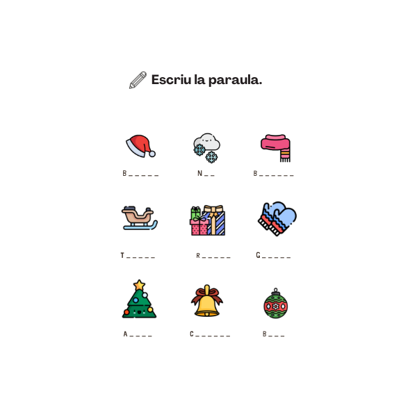 Dossier de 18 fitxes: HIVERN, NADAL. Lectura i escriptura de paraules. Lletra majúscula.