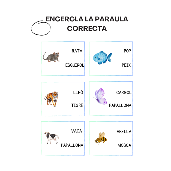 Dossier de 20 fitxes: Animals. Lectura i escriptura de paraules. Lletra majúscula.