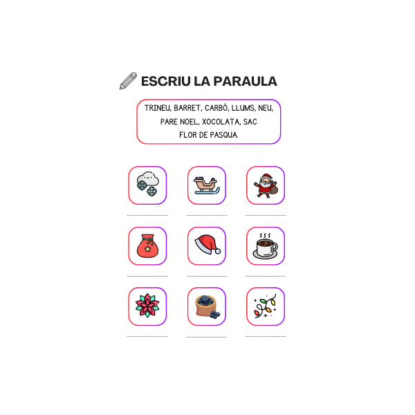 Dossier de 18 fitxes: HIVERN, NADAL. Lectura i escriptura de paraules. Lletra majúscula.