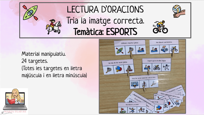 LECTURA D'ORACIONS. TRIA LA IMATGE CORRECTA. MATERIAL MANIPULATIU ESPORTS.Comprensió lectora.  Lletra majúscula i lletra minúscula.