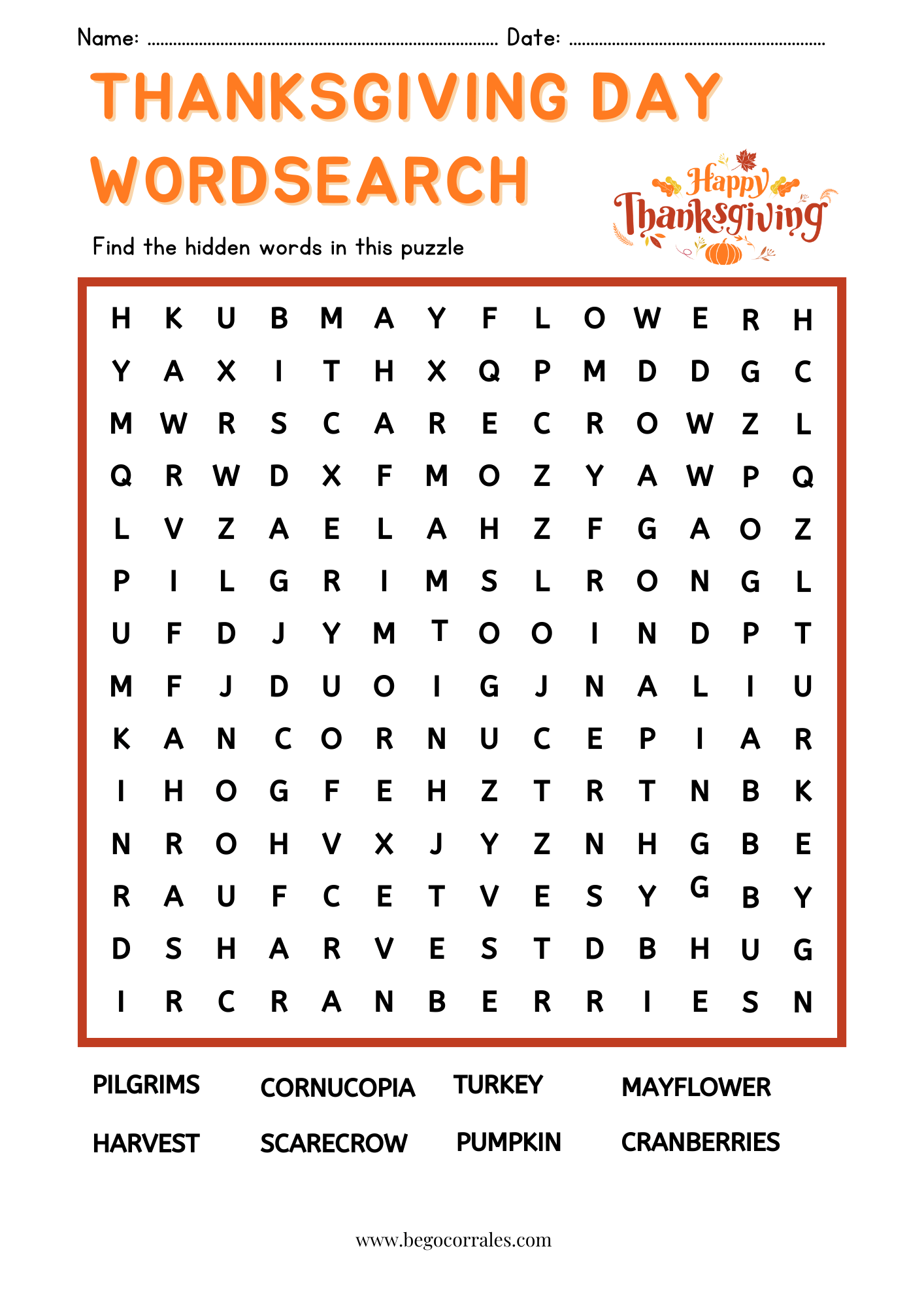 Thanksgiving Day Wordsearch