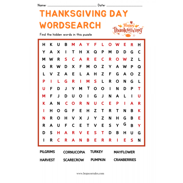 Thanksgiving Day Wordsearch