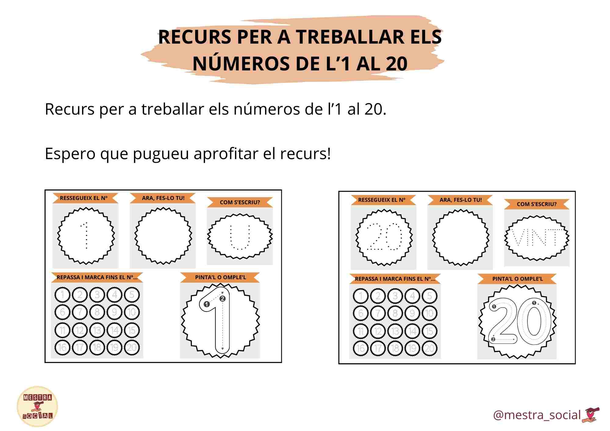 NÚMEROS DEL 1 AL 20  (repassar el nº, comptar i escriure)