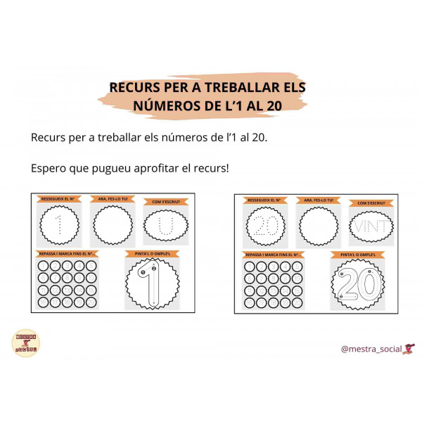 NÚMEROS DEL 1 AL 20  (repassar el nº, comptar i escriure)