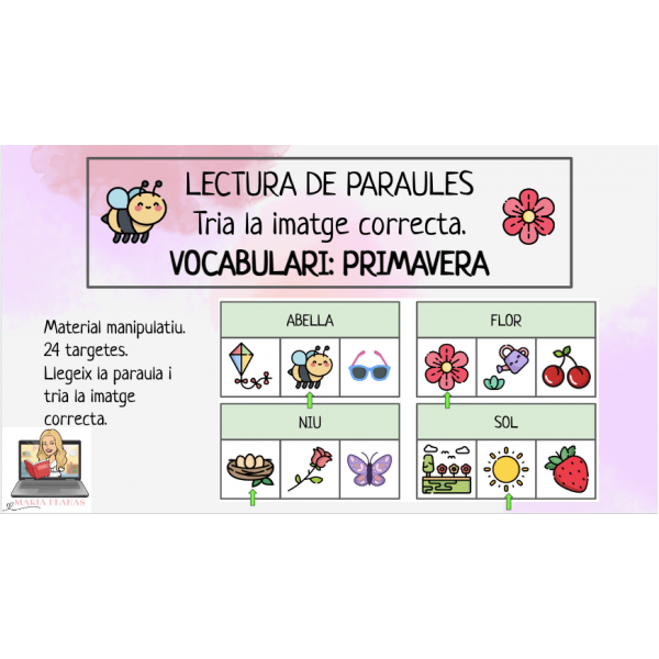LECTURA DE PARAULES. TRIA LA IMATGE CORRECTA. VOCABULARI PRIMAVERA. ACTIVITAT MANIPULATIVA.
