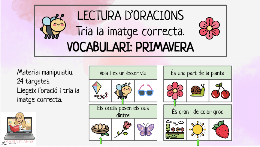 LECTURA D'ORACIONS LA PRIMAVERA. Tria la imatge correcta. Activitat manipulativa.
