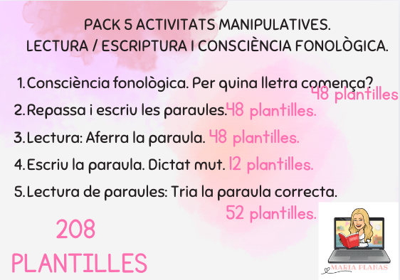 PACK 5 ACTIVITATS LECTOESCRIPTURA. LECTURA I ESCRIPTURA DE PARAULES. VOCABULARI VARIAT. 208 PLANTILLES.