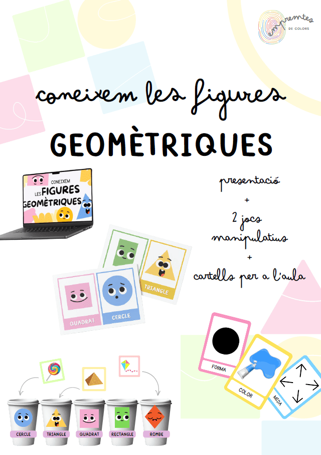 FIGURES GEOMÈTRIQUES SENZILLES: PRESENTACIÓ + CARTELLS VISUALS + 2 JOCS MANIPULATIUS