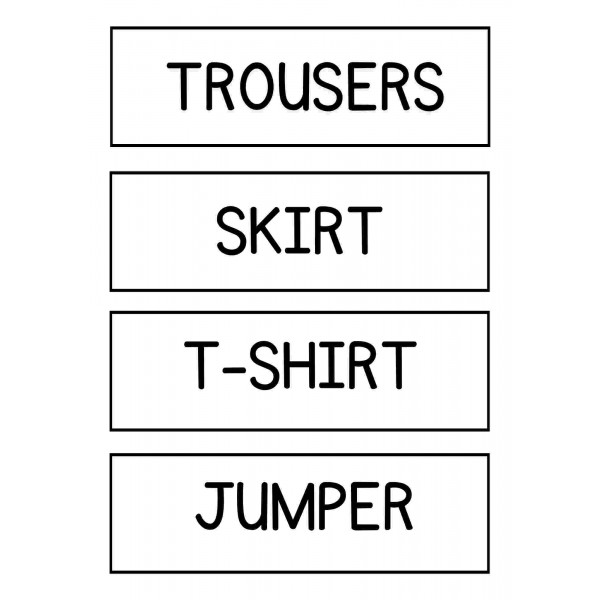 Vocabulary words: restaurant-clothes-house-beach