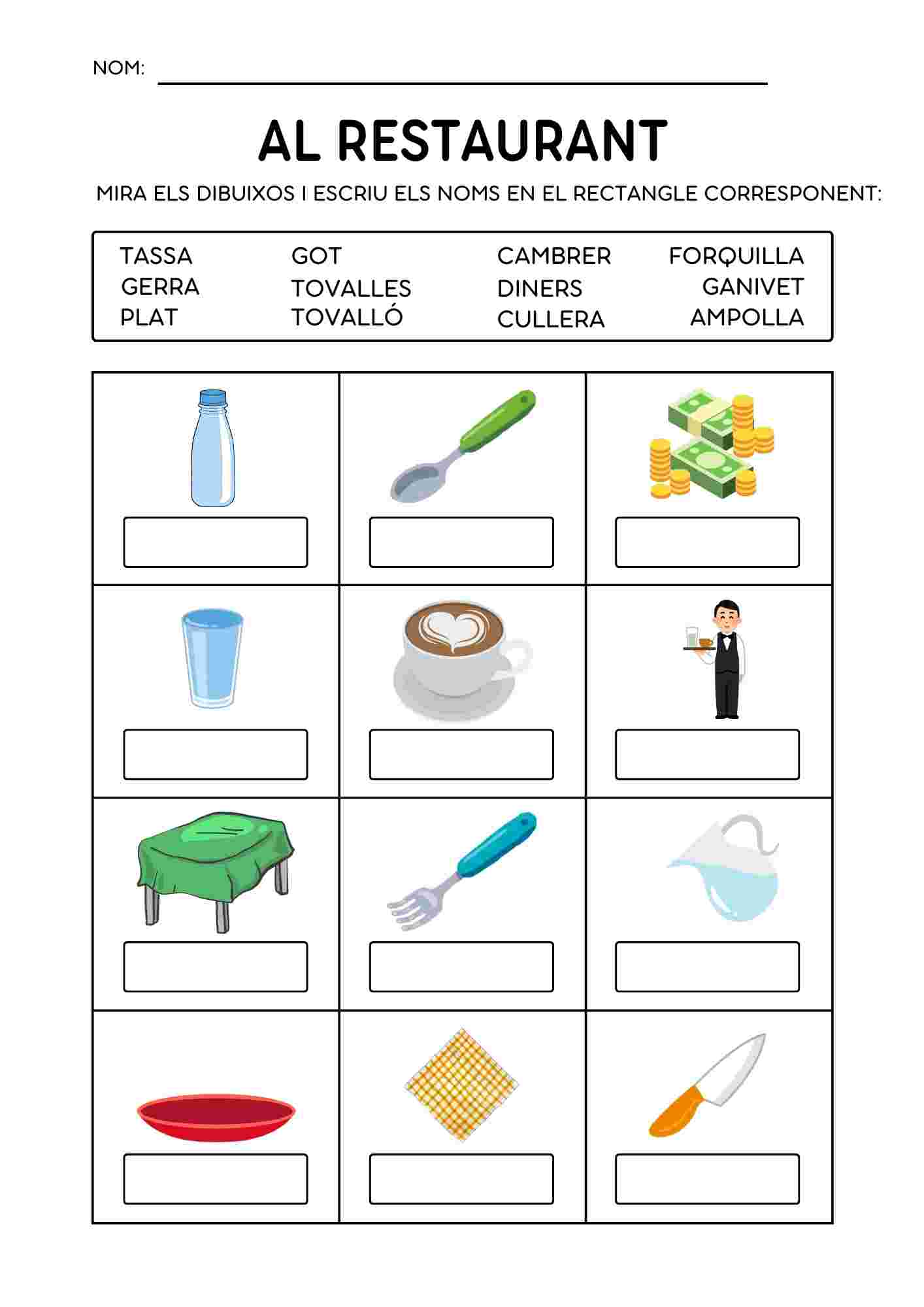 Al restaurant: fitxa resum de vocabulari