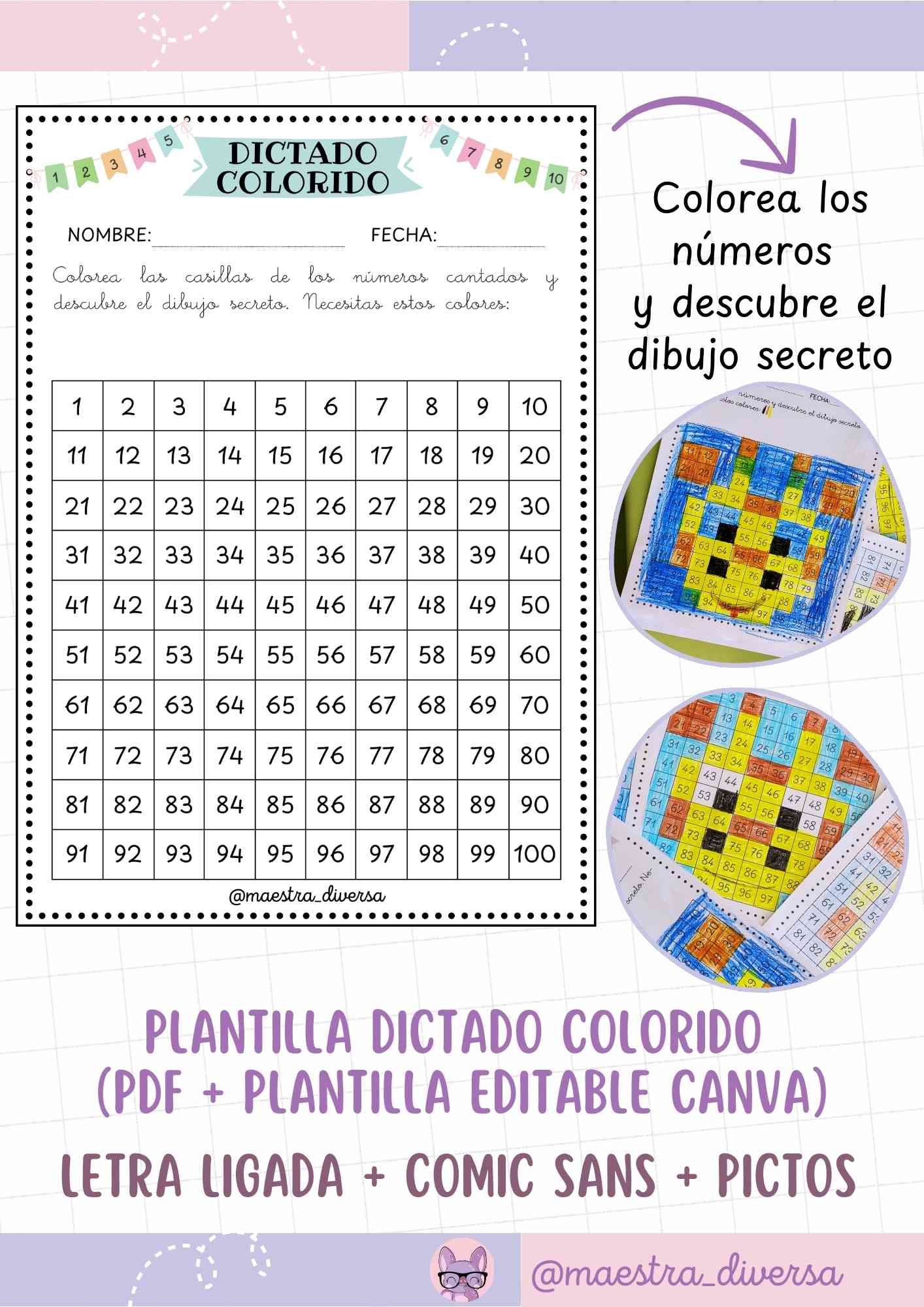 Dictado colorido (PDF + Plantilla editable Canva)