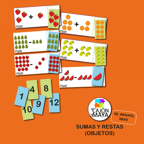 Tarjetero de sumas y restas (con objetos y cifras)