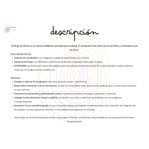 BINGO DE OTOÑO: con tarjetas de vocabulario en letra mayúscula y ligada