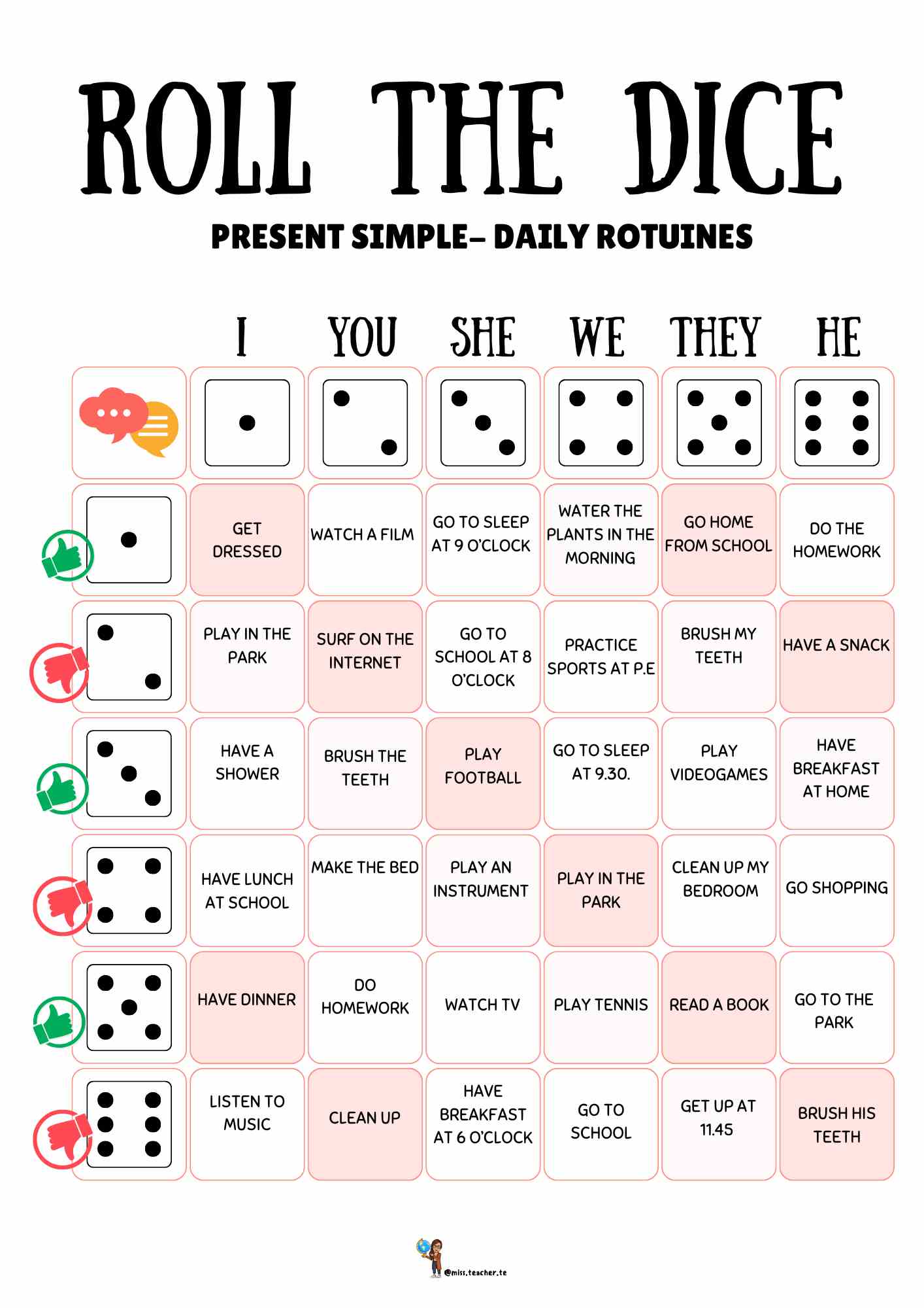 Roll the dice: Present simple and Daily routines