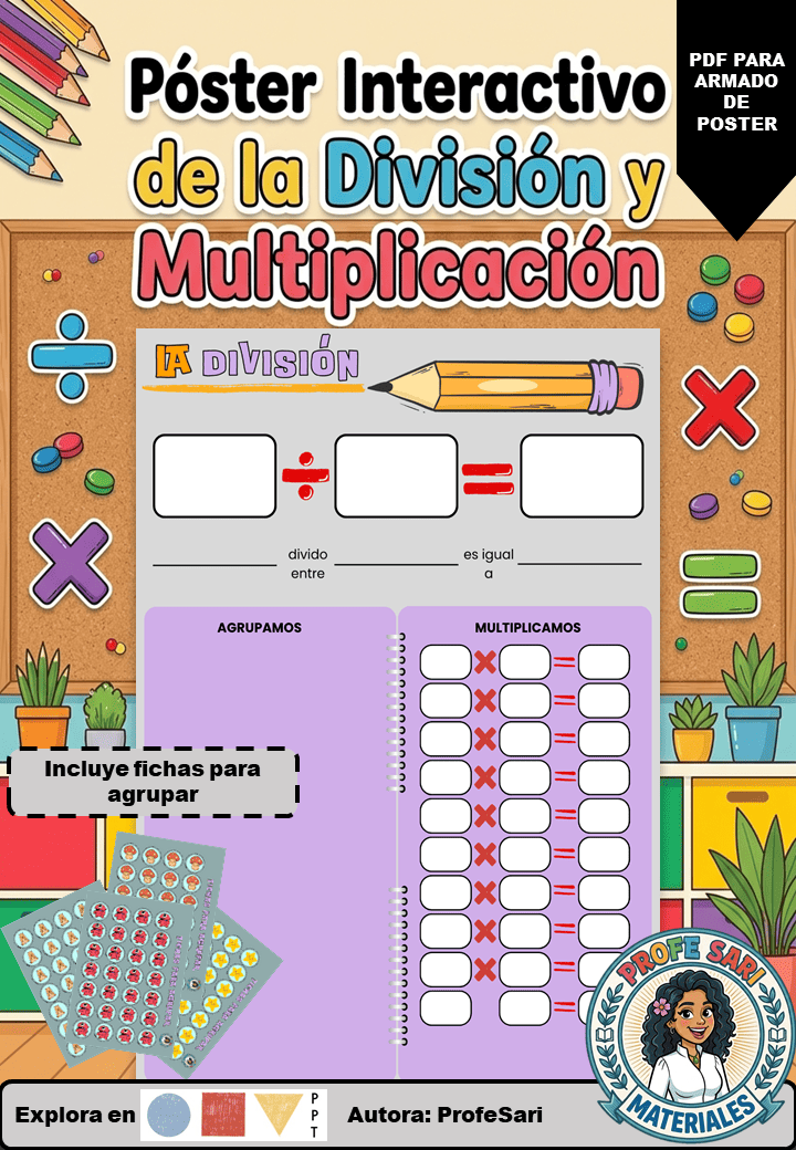 Póster Interactivo de la División y Multiplicación | Juego de Reparto Manipulativo (2.º y 3.º de Primaria) | Formato Individual y Póster Gigante de Aula